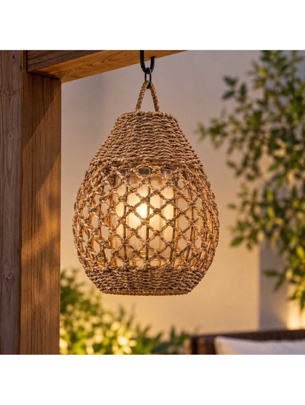 Woven Rattan Hanging Lantern Light with Ceiling Mount Kit